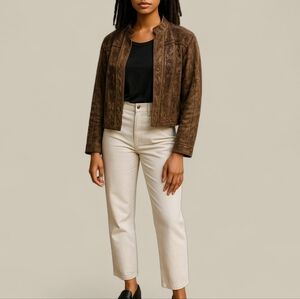 Coastal Grandma Cotton Embroidered Sequin Jacket in Tawny Brown Sz Large